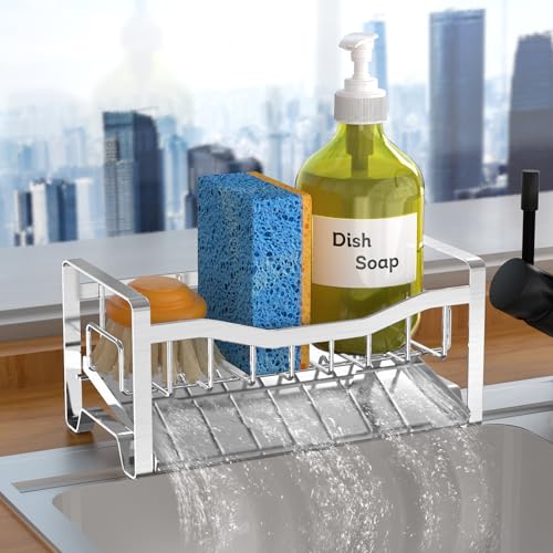 Maifan Stainless Steel Kitchen Sink Caddy Organizer with Auto Drain Tray, Sponge Holder for Countertop Storage Silver - color: Silver