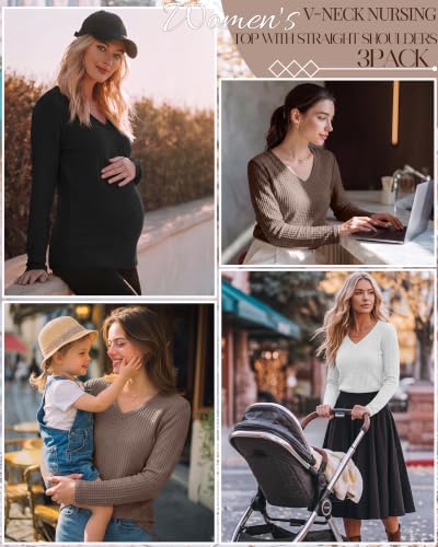 Huukeay 3 Pack Women's Long Sleeve Nursing Breastfeeding Shirts - color: Coffee, White, Black, size: Small