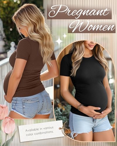 Ficerd 3 Pack Women's Short Sleeve Maternity Shirts - color: Black, Coffee, Light Army Green, size: Small