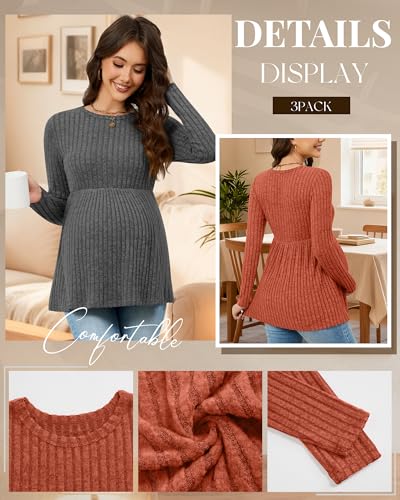3 Pack Maternity Shirts Long Sleeve Ribbed Sweaters - color: Caramel, Green, Dark Gray, size: Large