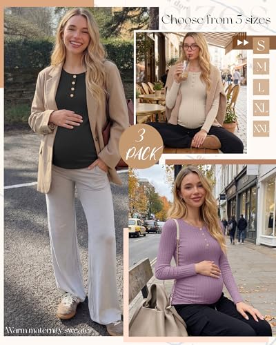 Oakgarden 3 Pack Womens Maternity Sweaters Henley Pregnancy Tops - color: Black, Apricot, Pinkish Purple, size: Medium
