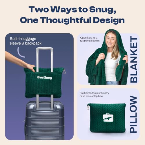 EverSnug Travel Blanket & Pillow 68x42 - Premium Ultra-Soft Microfleece 2 in 1 Compact & Packable Flight Blanket with Soft Bag Pillowcase, Hand Luggage Sleeve and Backpack Clip (Forest Green) - color: Forest Green