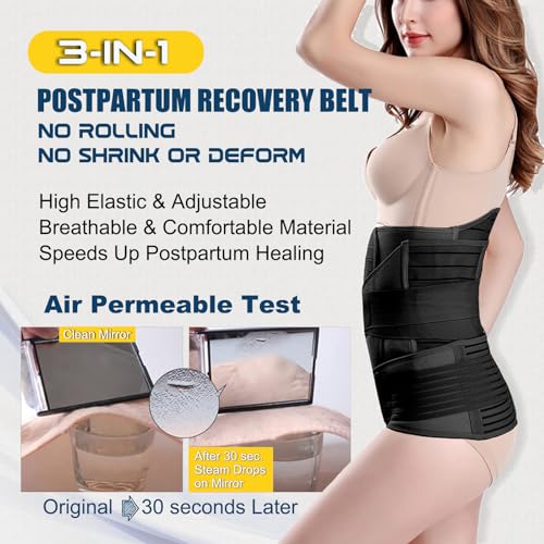ChongErfei 3 in 1 Postpartum Belly Wrap Recovery Band Belt Abdominal Binder - color: Black, size: S/M