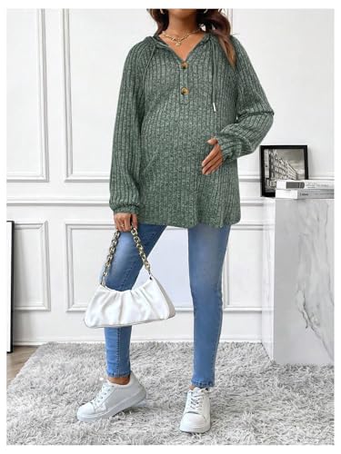 BEAUDRM Women's Maternity Half Button Sweatshirts Long Sleeve Ribbed Knit Pregnancy Shirt Spring Clothes - color: Olive Green, size: Small