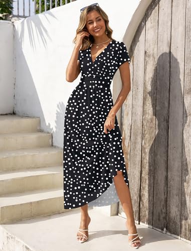 Gracyoga Women's Dresses 2026 Short Sleeve Wrap Maxi Dress with Pockets - color: Black Dot, size: X-Large