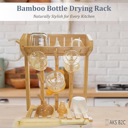 Baby Bottle Drying Rack Space Saving Countertop Vertical Rack with Brushes Holder (Bamboo) - color: Bamboo