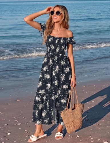 Women Summer Casual Midi Dress Square Neck Button Down Smocked Ruffle Strap Flowy Split Beach Sundress Pockets - color: Black Floral, size: Small