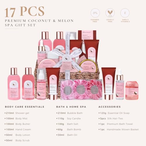 Gift Baskets for Women, Spa Gifts for Women, 17pcs Coconut Spa Gift Set