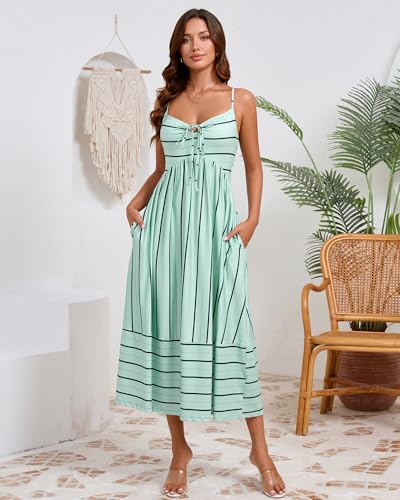 Fashionme 2026 Women Summer Boho Maxi Dresses Vacation Beach with Pockets - color: Mint Green, size: Large