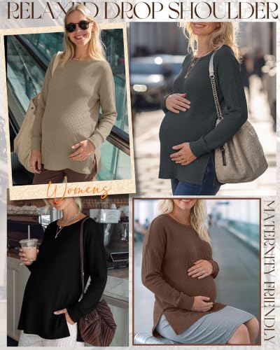 Xaatren 4 Pack Womens Maternity Long Sleeve Shirts Waffle Tops - color: Charcoal Gray, Khaki Green, Brown, Black, size: Medium