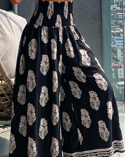 CHICME Womens Boho High Waisted Wide Leg Palazzo Pants Beach Vacation Wear - color: Black, size: X-Large