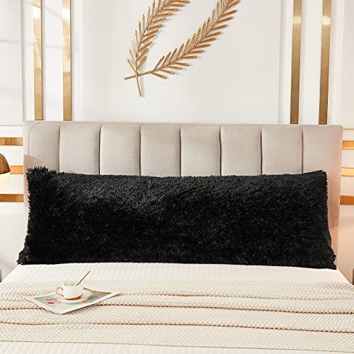 JAUXIO Faux Fur Fluffy Body Pillow Cover Luxury Shaggy Plush Decorative Solid Body Pillowcase, Ultra Soft and Cozy Zipper Closure 54 x 21 Inches, Black - color: Black