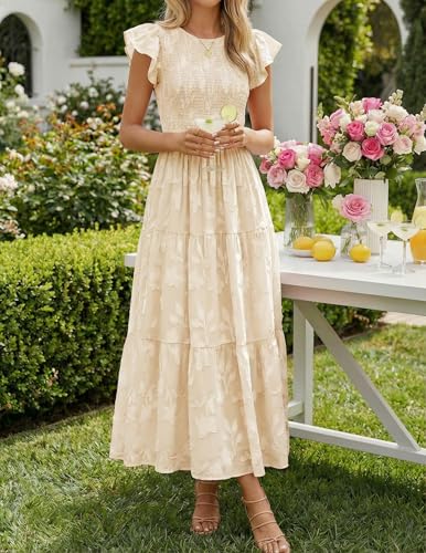 ZESICA Women's Summer Floral Boho Smocked Flowy Maxi Dress - color: Apricot, size: X-Large