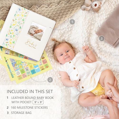 Keepsake Baby Memory Book Girl Boy – Timeless Leather-Bound Baby Milestone Book – Baby Book Keepsake Record First 5 Years - Gender Neutral Baby Scrapbook Album Baby Album Journal Registry Search Gift - style: Baby Book