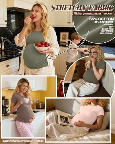 Huukeay 4 Pack Women's Short Sleeve Maternity Tops - color: Beige, Army Green, Light Coffee, Dark Army Green, size: Medium