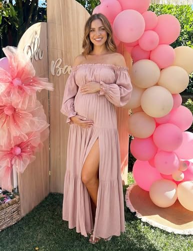 ZESICA Womens Fall Long Sleeve Boho Off Shoulder Maxi Dresses - color: Pink, size: X-Small
