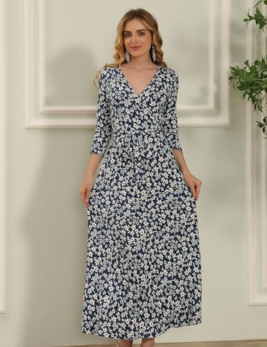 Aphratti Womens 3/4 Sleeve V Neck Faux Wrap Maxi Dress Summer Casual Beach - color: Blue/White Floral, size: Medium