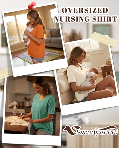 3 Pack Women's Oversize Nursing Shirts - color: Orange, Cream, Light Green, size: Medium