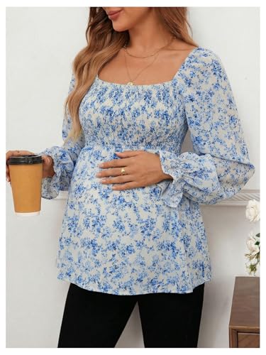 MakeMeChic Women's Maternity Blouse Long Sleeve Ruffle Peplum Dressy Shirts - color: Blue, size: Small