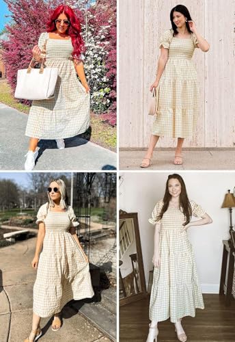 ZESICA Women's Summer Boho Gingham Puff Sleeve Square Neck Beach Midi Dress - color: Beige, size: Medium
