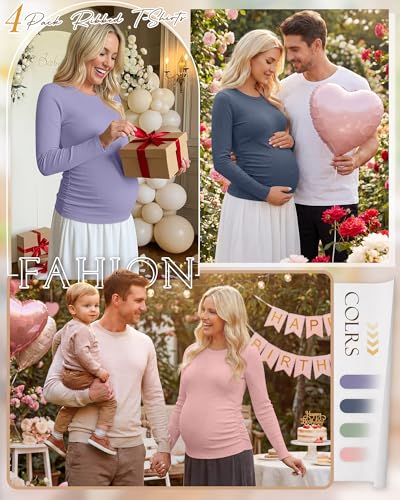 Ficerd 4 Pack Women's Maternity Shirts Long Sleeve Pregnancy Top - color: Light Pink, Gray Green, Haze Blue, Lavender Purple, size: Medium