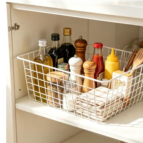 3 Pack White Wire Baskets,14.1"x10.4"x5.6", Wire Freezer Storage Organizer Bins with Handles for Cabinets, Pantry, Closets, Bedrooms - size: 14.1"x10.4"(white)