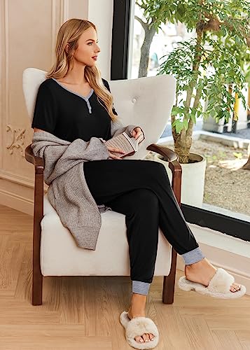 Ekouaer Pajamas for Women Set 2 Piece Fall Sleepwear with Pockets - color: Black, size: X-Large