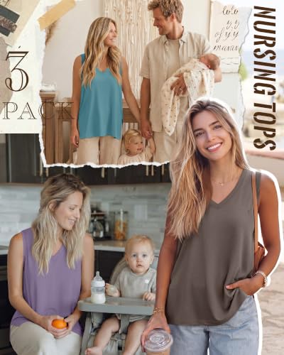 3 Pack Womens Maternity Nursing Tank Top - color: Lake Blue, Purple, Coffee Gray, size: Small