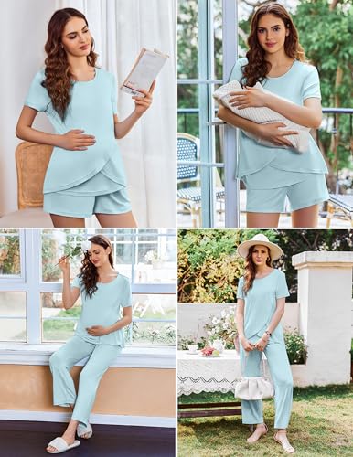 Ekouaer 3 PCS Maternity Nursing Pajamas Set Postpartum Breastfeeding PJS - color: Light Blue, size: Medium