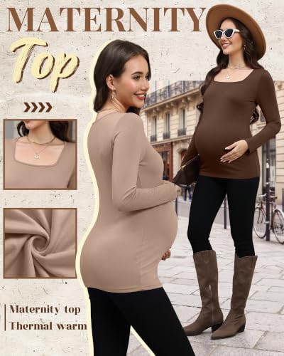 4 Pcs Womens Maternity Long Sleeve Square Neck Shirts - color: Beige, Coffee, Brown, Black, size: Medium