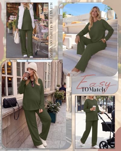 Huukeay Women's Maternity 2 Piece Waffle Outfits Lounge Set - color: Army Green, size: Small