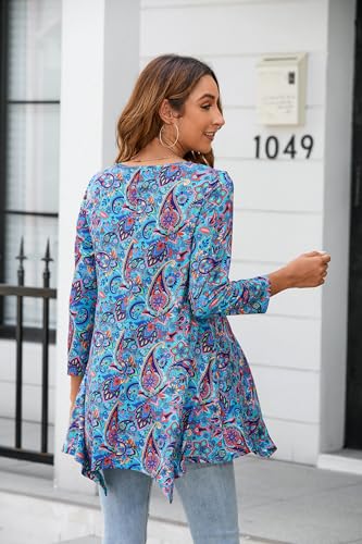 ENMAIN Women's Tops Plus Size Tunic Tops 3/4 Sleeve Flare Hem Paisley Print Loose Fit Casual Blouse to Wear with Leggings - color: A2-turquoise & Paisley, size: Medium