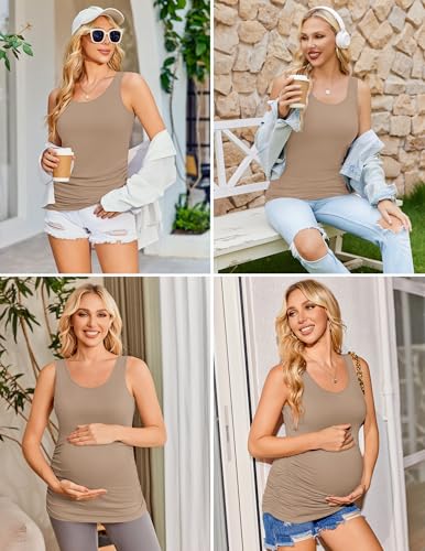 Ekouaer 3 Pack Women Maternity Tank Tops Summer Pregnancy Shirts - color: Black/Beige/Coffee, size: Medium