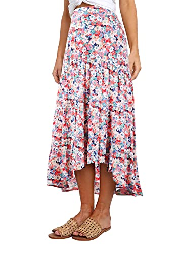 PRETTYGARDEN Women's Ditzy Floral Print Midi Skirt High Low Hem - color: Blue Red, size: X-Large