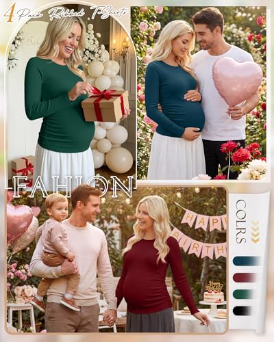 Ficerd 4 Pack Women's Maternity Shirts Long Sleeve Pregnancy Top - color: Black, Dark Green, Wine Red, Teal Blue, size: Large