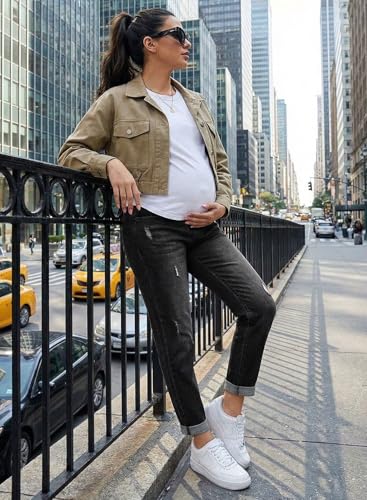 BLENCOT Maternity Jeans High Rise Stretchy Waistband Straight Leg - color: Black, size: X-Large