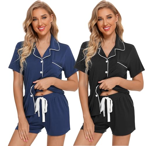 Leikar 2 Pack Button Up Pajama Set For Women Sleepwear Soft Pjs Bride Pajamas - color: Black/Navy, size: Medium