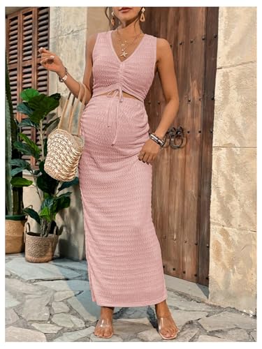 Milumia Women's Maternity 2 Piece Outfits Tank Top Bodycon Maxi Skirt Sets - color: Dark Pink, size: Medium