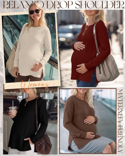 Xaatren 4 Pack Womens Maternity Long Sleeve Shirts Waffle Tops - color: Autumn Leaf Red, Cream, Brown, Black, size: Large