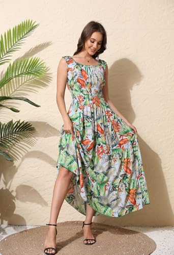 Women's 2026 Summer Boho Floral Print Tiered Casual Flowy Long Maxi Dress - color: Green Leafy Flower, size: Medium