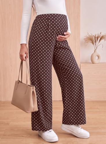 BLENCOT Women's Maternity Flowy Pants Polka Dot Pregnancy Trousers - color: Brown, size: Large