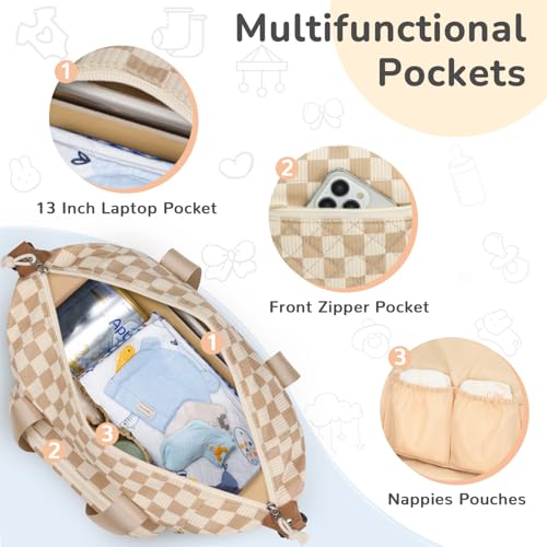 Tenot Diaper Bag Tote, Baby Bag with Pacifier Case, Khaki Checkered - color: Khaki Checkered
