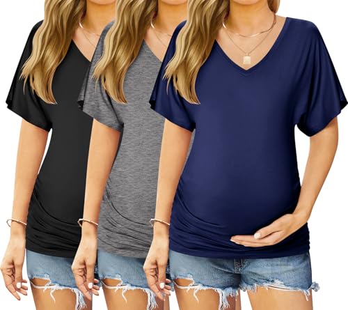 Ekouaer 3 Pack Maternity Shirts V Neck Pregnancy Tops Tunic Blouse Summer - color: Black/Blue/Grey, size: Small