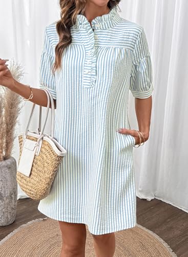 BLENCOT Summer Dresses for Women Puff Sleeve Striped Button Mini Dress - color: White Stripe, size: Medium