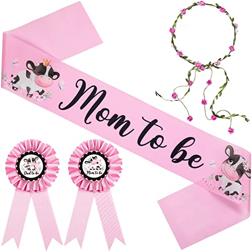 Chunful Baby Shower Decor Mommy to Be Sash Crown Dad Pin - color: Pink Cow