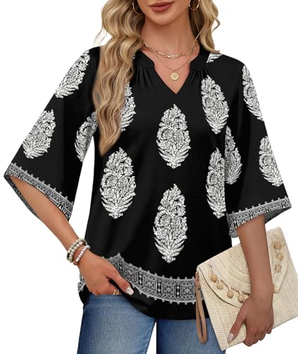 WIHOLL Boho Tops for Women Summer Spring 3/4 Sleeve Dressy Fashion V Neck Casual 2026 Business Beach Plus Size Resort Blouses - color: A-multi Black, size: XX-Large