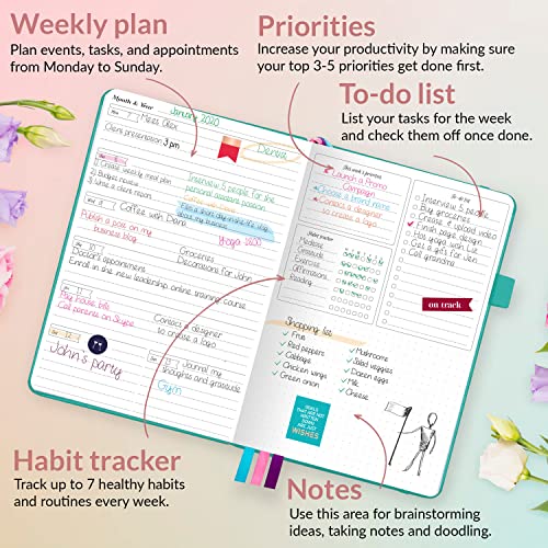 GoGirl Planner for Women, Undated Weekly Agenda Journal, Turquoise - color: Turquoise, size: A5 (5.8'' x 8.3'')