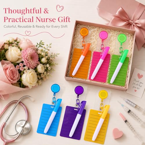 Lincia 6 Sets Dry Erase Badge Notepads with Markers and Retractable Reels - color: Bright Colors, style: Lined