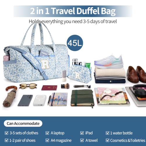 Personalized Quilted Duffle Bag for Travel Gym Weekender Hospital Carry On - color: Blue Flower, size: R