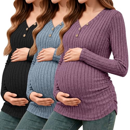 Oakgarden 3 Pack Women's Ribbed Henley Maternity Sweaters - color: Black, Blue, Fuchsia, size: XX-Large